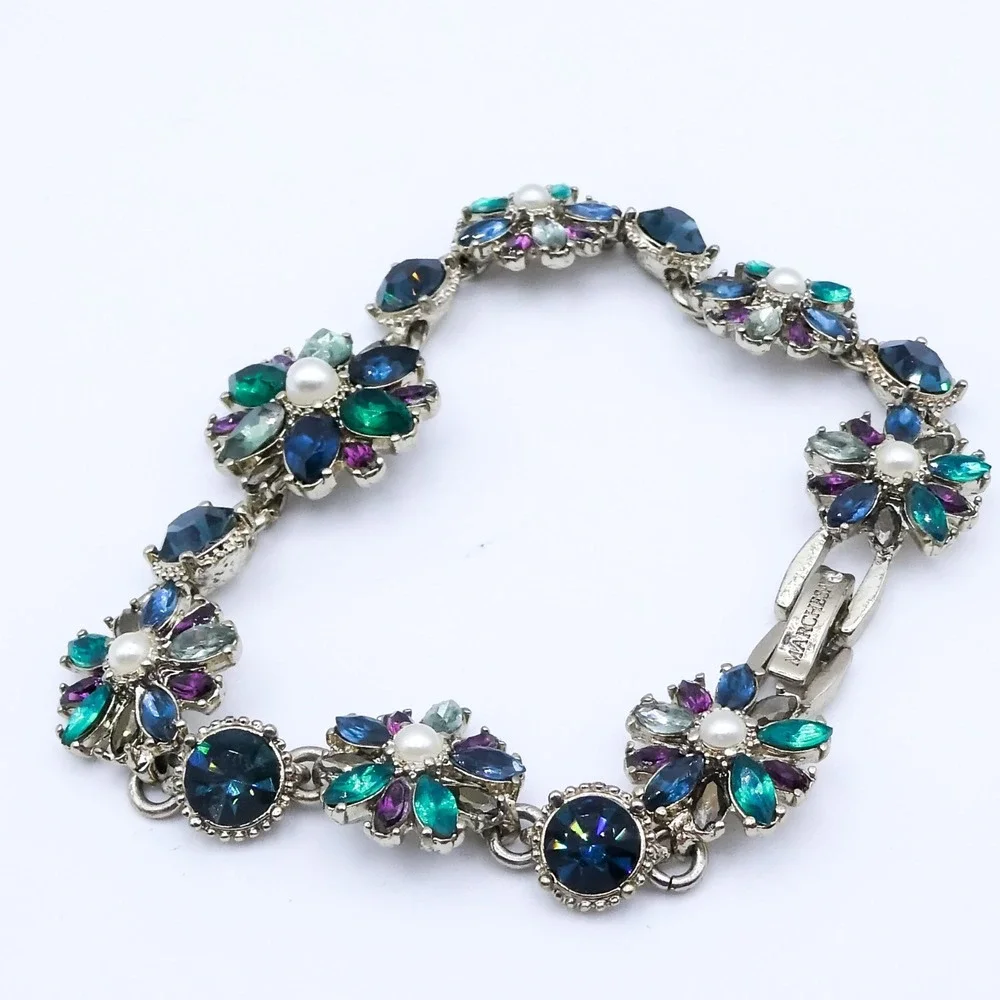 Marchesa Flower Blue Green Crystal Rhinestone Faux Pearl Gold Tone 7.5